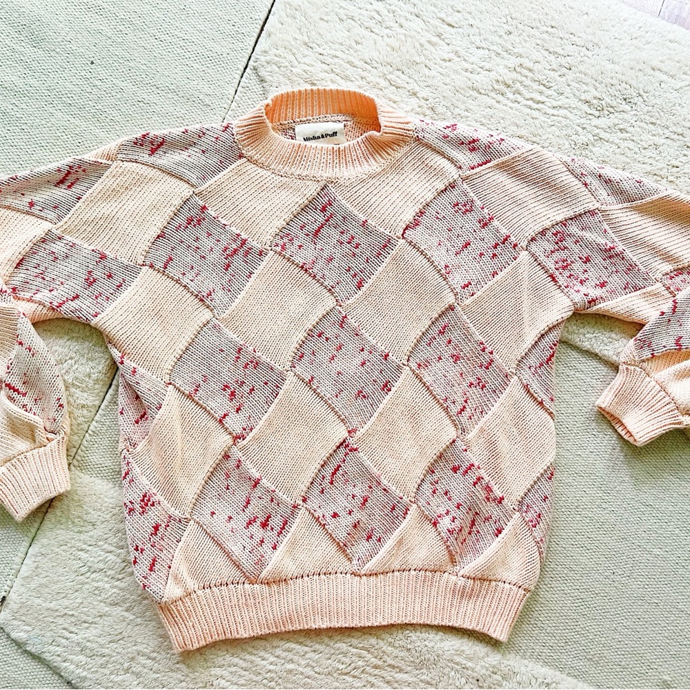 Misha & Puff Cotton Peach Pink Red Entrelac Textured Women's Sweater Vintage